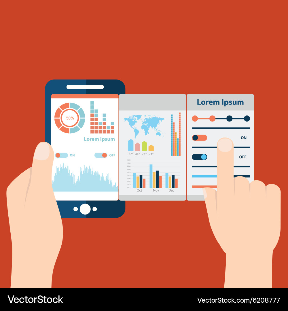 Hands holding mobile with analytic and data vector image