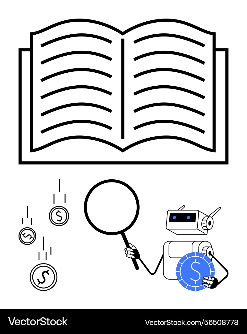 Robot analyzing financial data with magnifying Robot analyzing financial data with magnifying vector image