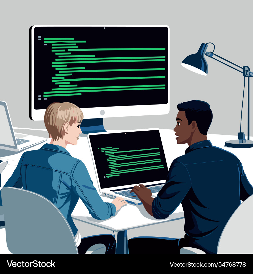 Young people programmers are working on computer Young people programmers are working on computer vector image