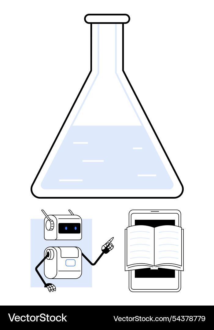 Flask with liquid robot pointer and open book Flask with liquid robot pointer and open book vector image
