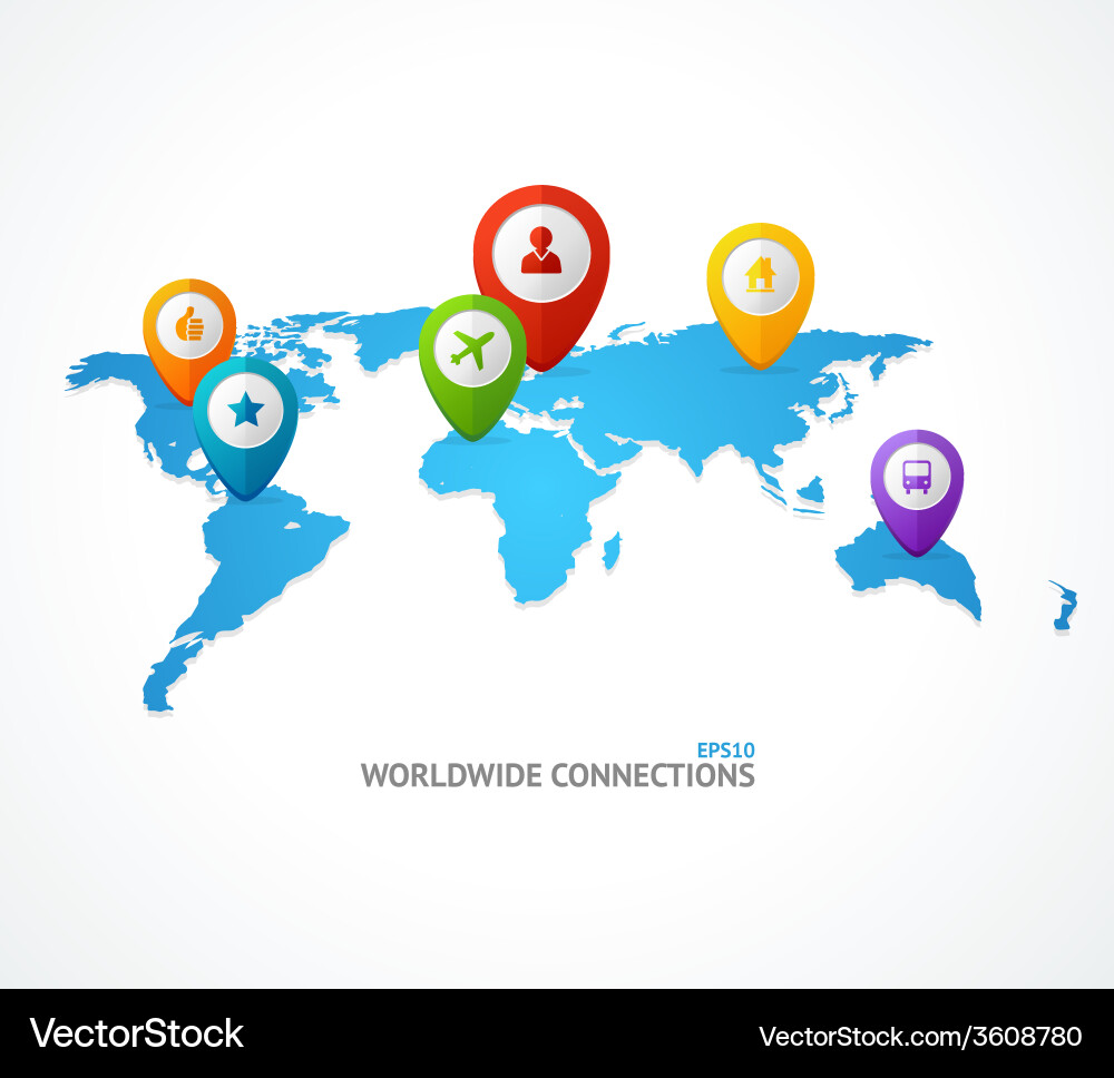 World map with color geo location pin vector image