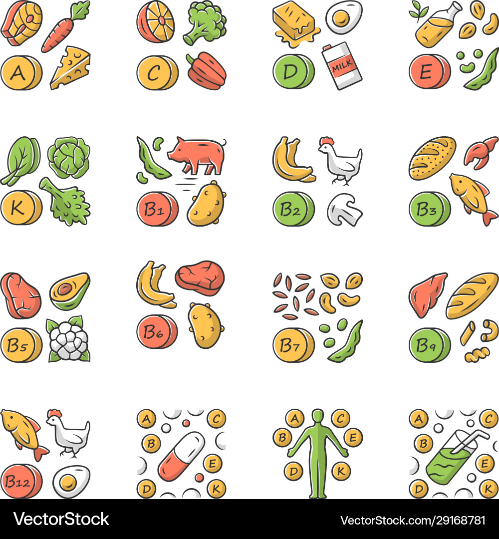 Vitamins color icons set a c d e k b natural food Vitamins color icons set a c d e k b natural food vector image
