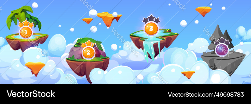 Arcade game levels map with floating islands Arcade game levels map with floating islands vector image