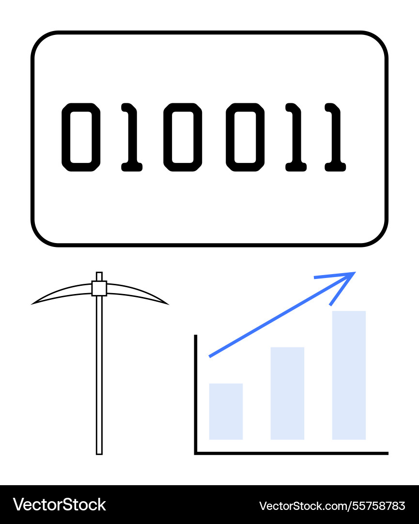 Binary code pickaxe and upward graph symbolizing Binary code pickaxe and upward graph symbolizing vector image