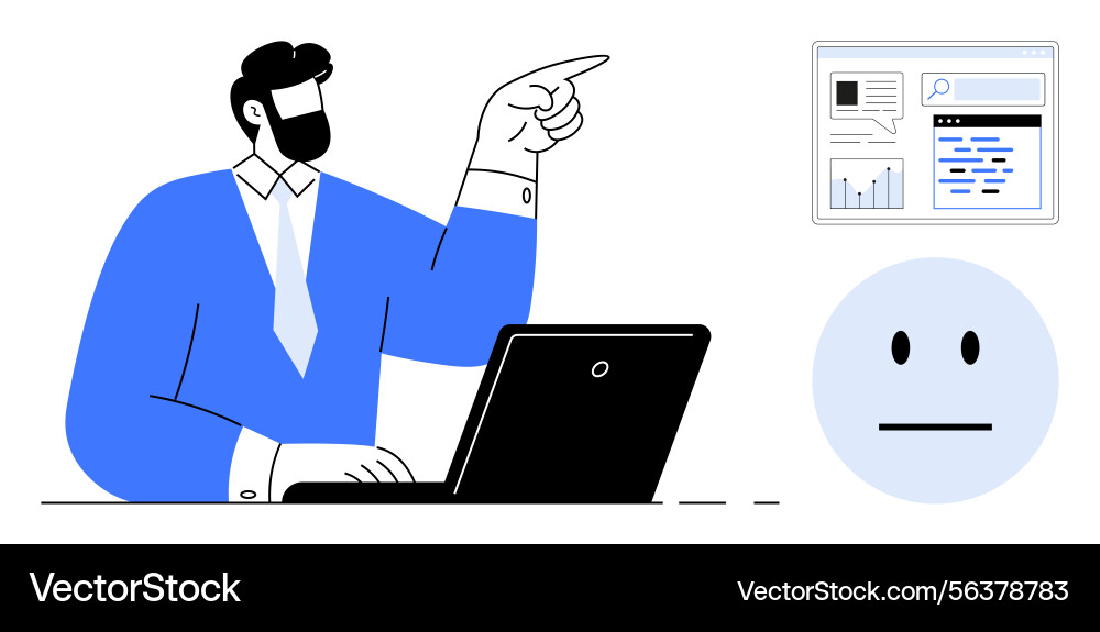 Businessman pointing at analytics screen with calm Businessman pointing at analytics screen with calm Vector Image