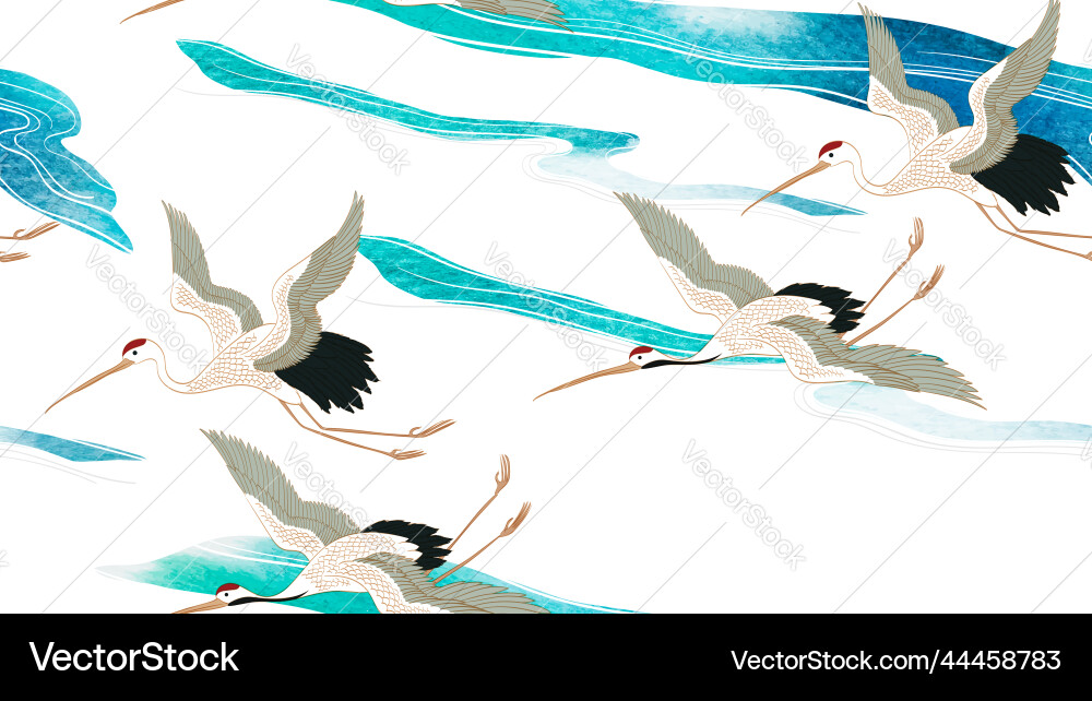 Crane birds japanese background with blue Crane birds japanese background with blue vector image