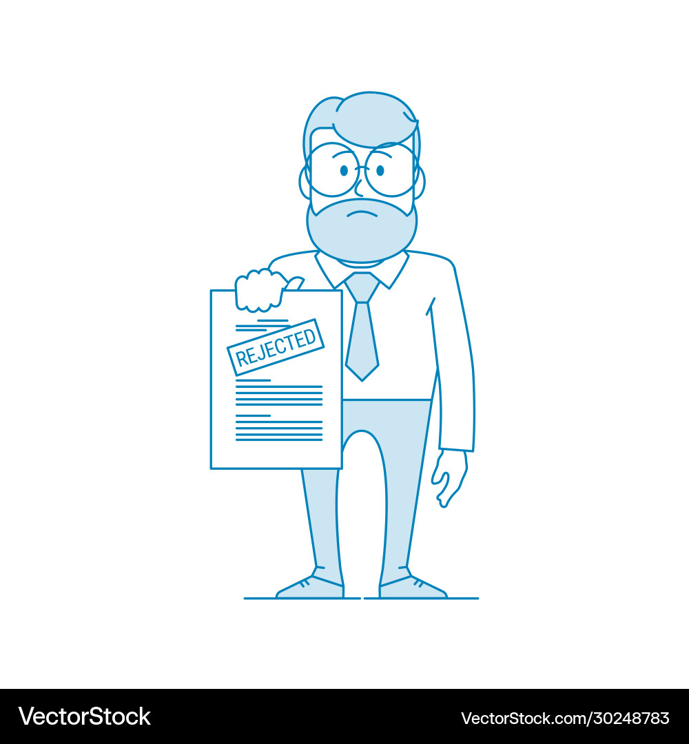 Dissatisfied man shows a document with rejected Dissatisfied man shows a document with rejected vector image