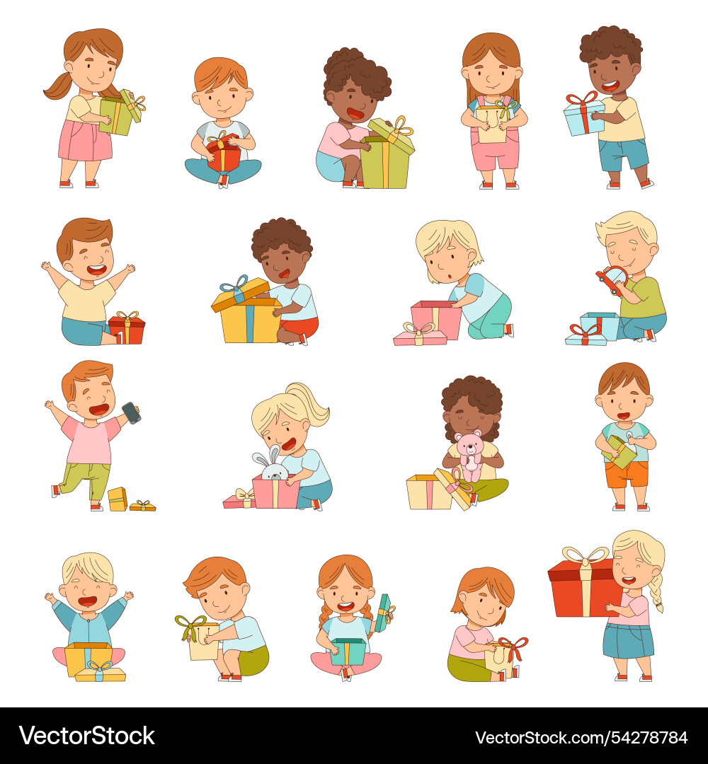 Happy kid character with gift box and present Happy kid character with gift box and present vector image