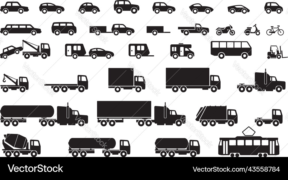 Large set of simple vehicle silhouettes vector image