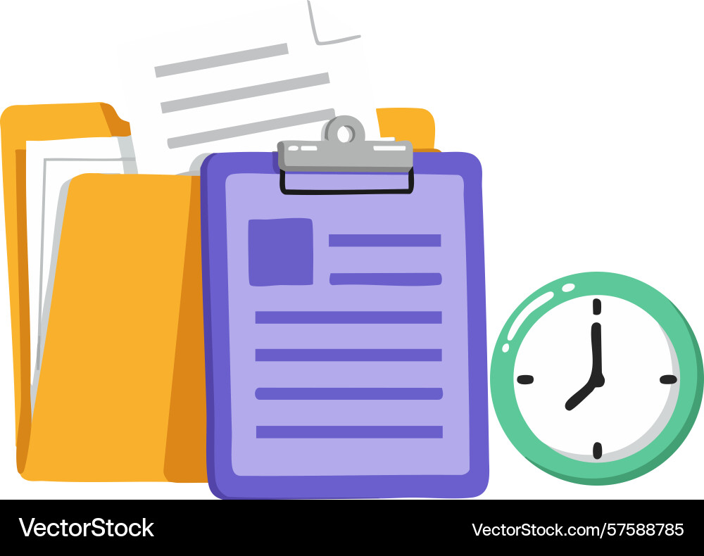 Clipboard with documents folder and clock time Clipboard with documents folder and clock time vector image