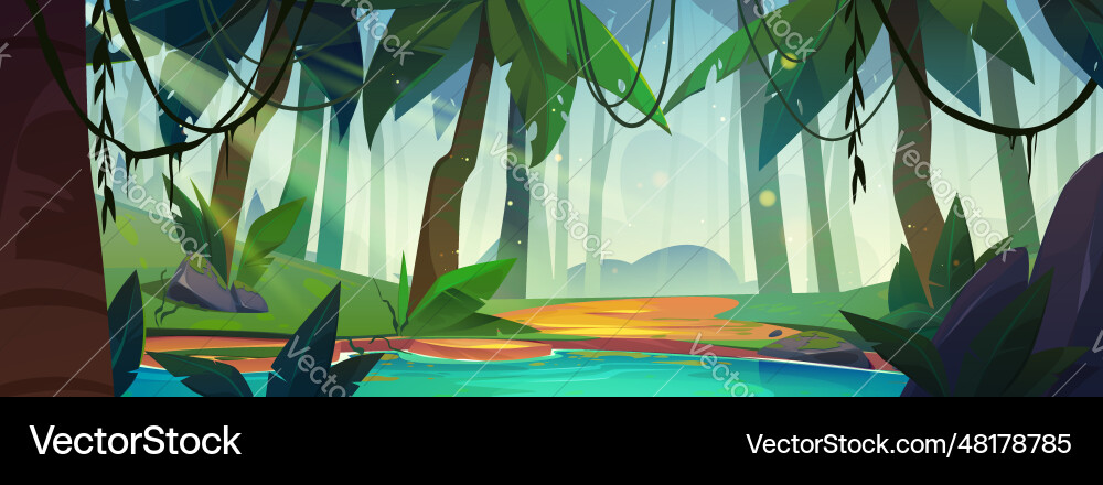 Jungle forest landscape with river and trees vector image