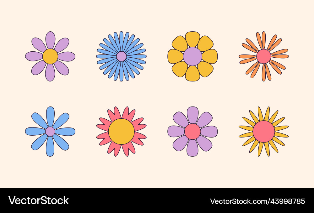 Set of simple hippie style boho flower icons vector image