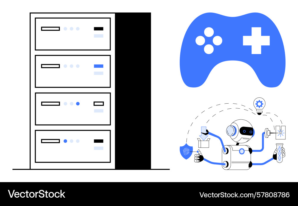 Robot automating tasks near server with gaming vector image