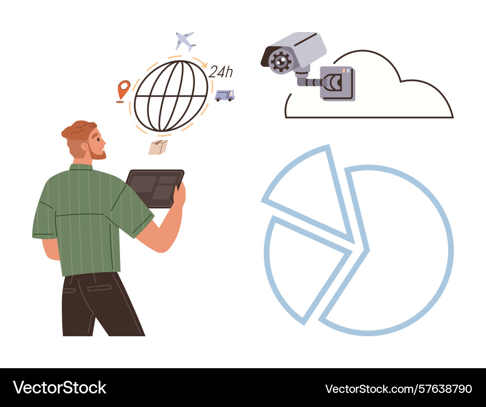 Man monitoring global network and data analytics Man monitoring global network and data analytics vector image