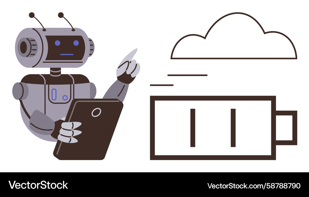 Robot managing cloud processing and battery Robot managing cloud processing and battery Vector Image