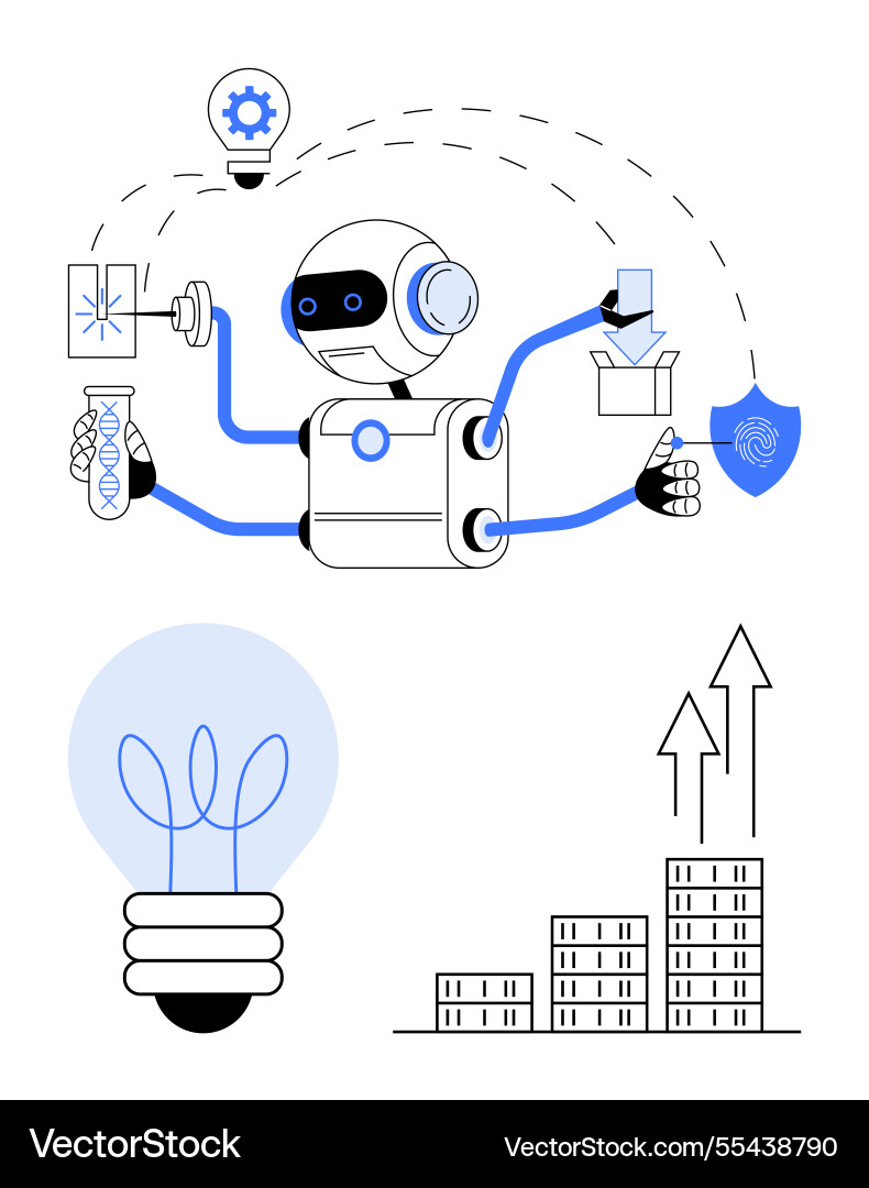 Robot performing tasks signifying ai integration Robot performing tasks signifying ai integration vector image