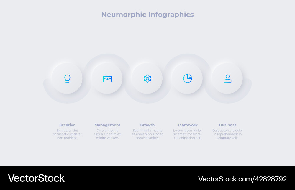 Five neumorphic circles arranged in horizontal row Five neumorphic circles arranged in horizontal row vector image