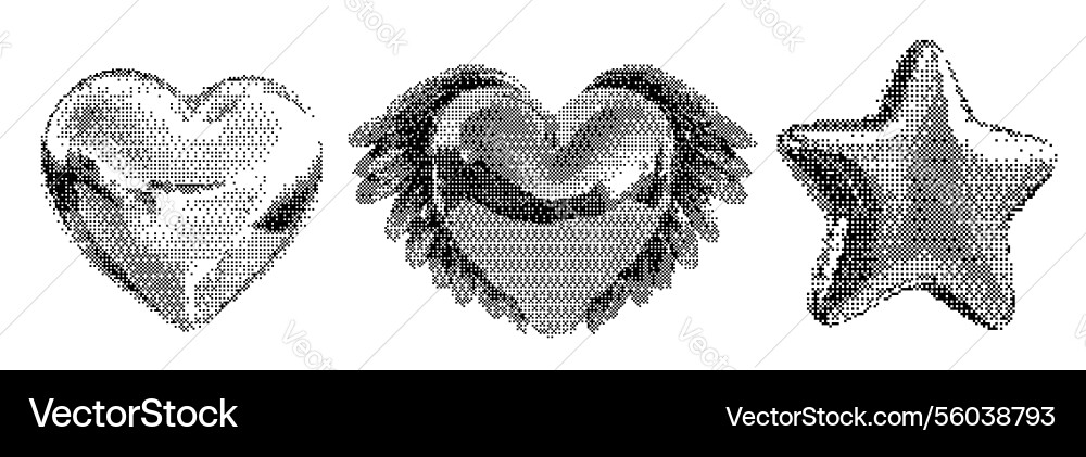 Grunge bitmap heart set with chrome and halftone Vector Image