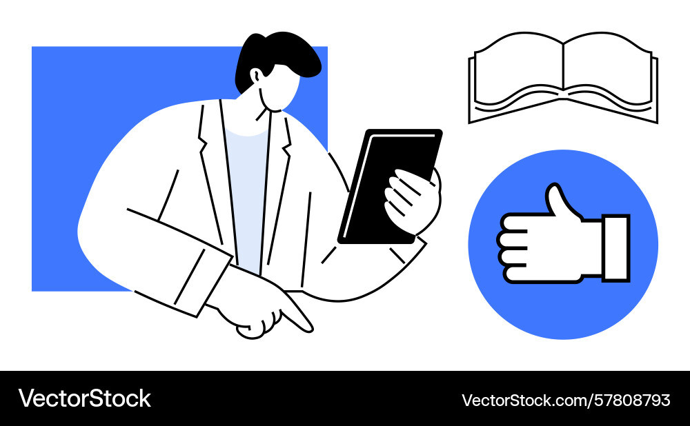 Man using tablet with open book and thumbs-up icon Vector Image