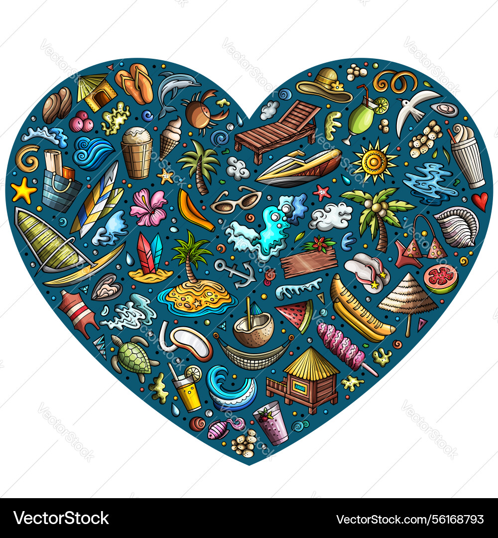 Set von Sommer Strand Cartoon doodle Objekte Herz Set von Sommer Strand Cartoon doodle Objekte Herz vektorbild