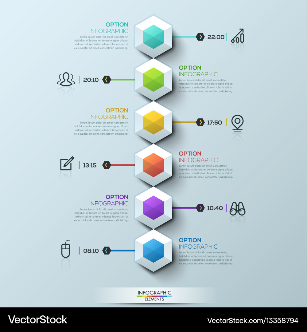 Six multicolored hexagons connected with text Vector Image