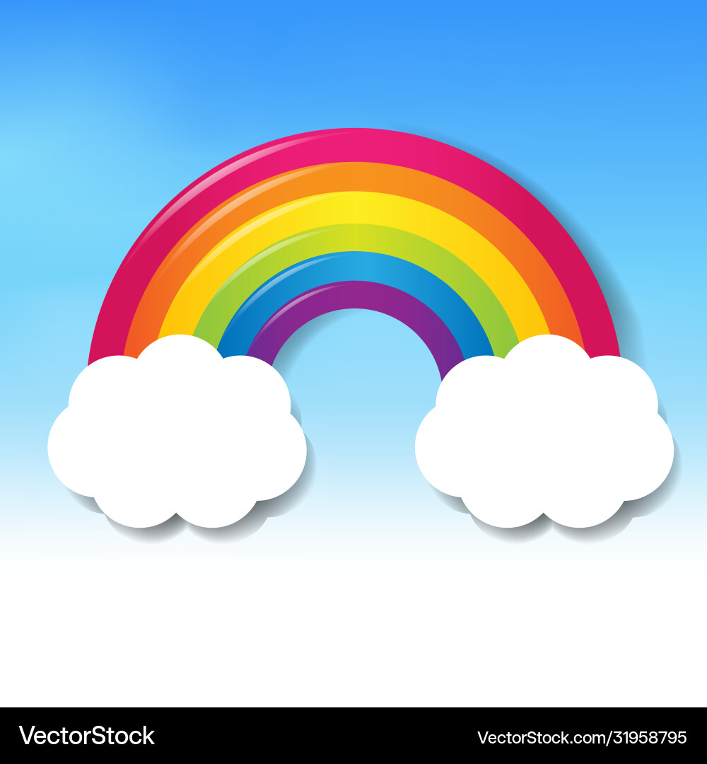 Colorful rainbow with clouds blue sky vector image