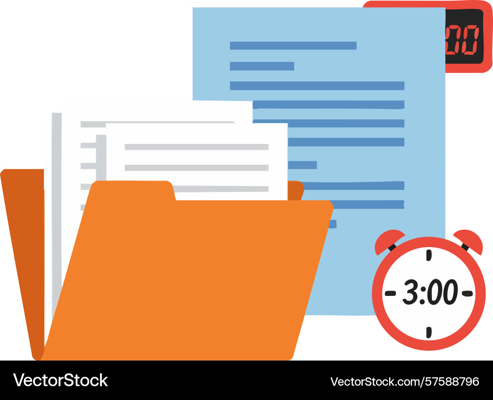 Büroordner mit Dokumenten und Timer Büroordner mit Dokumenten und Timer Vektorbild