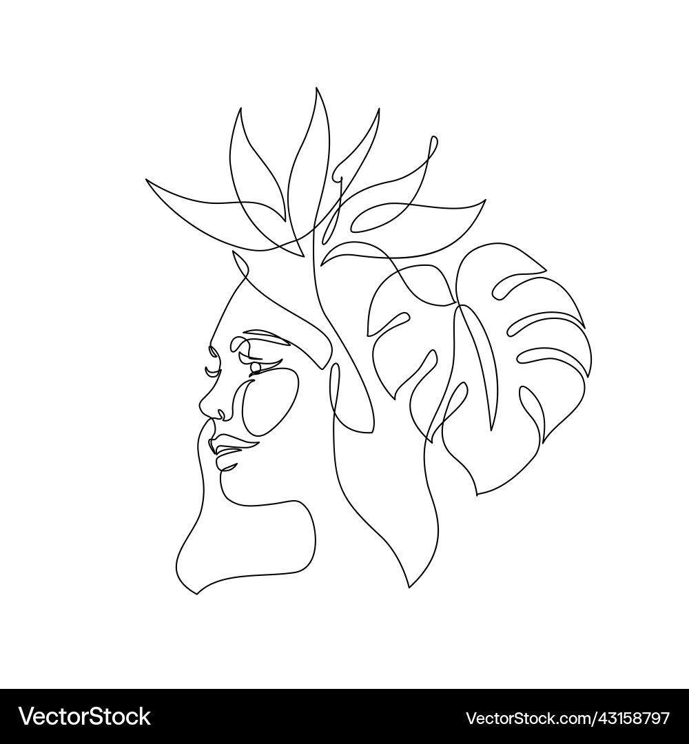 Elegant Line Art Woman Face with Tropical Flower Vector Image