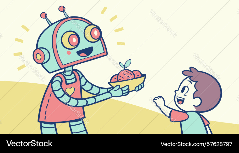 Robot sharing red apples with child design vector image