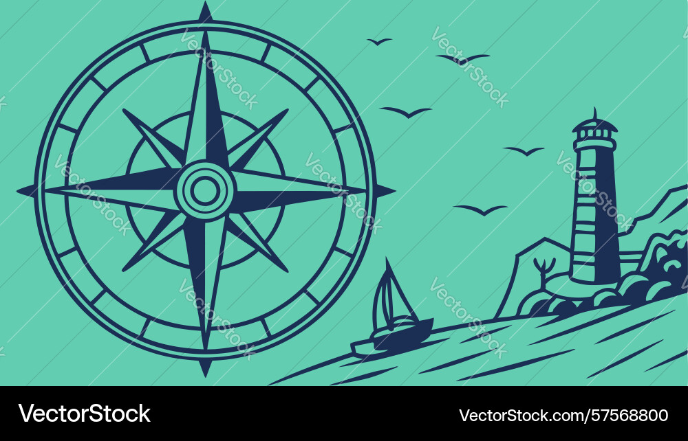Compass with lighthouse and distant sea design Vector Image