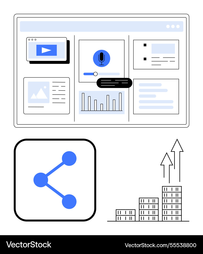Interactive dashboard with multimedia analytics Interactive dashboard with multimedia analytics vector image