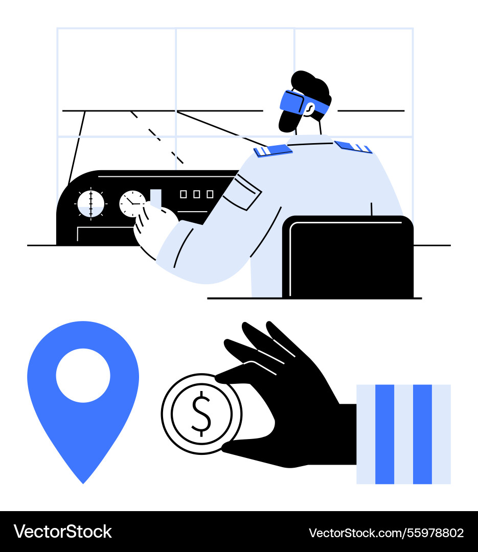 Pilot in cockpit navigating flight path vector image