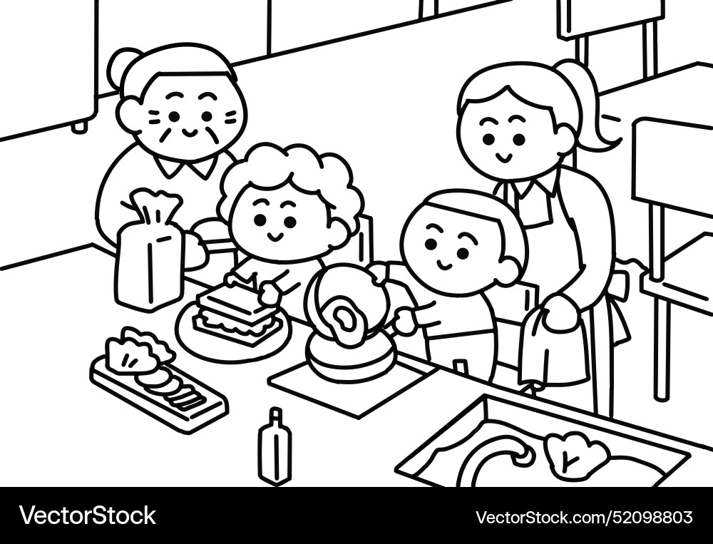 Familie Kochen in der Küche Färbung Seiten Stil Familie Kochen in der Küche Färbung Seiten Stil vektorbild