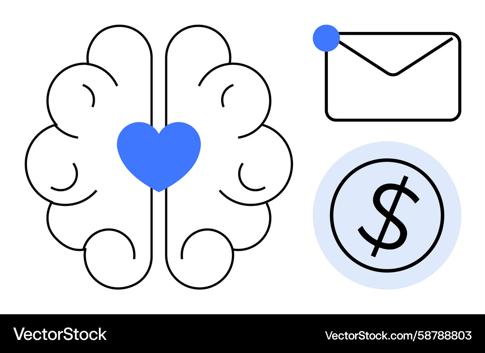 Heart-centered brain with envelope and dollar Heart-centered brain with envelope and dollar Vector Image