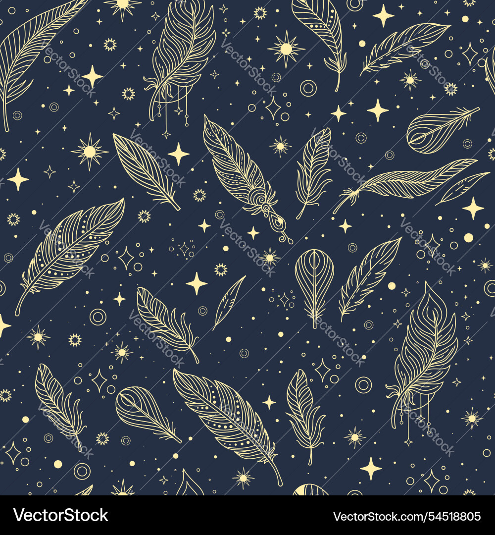 Linear stars and feathers seamless pattern Linear stars and feathers seamless pattern vector image