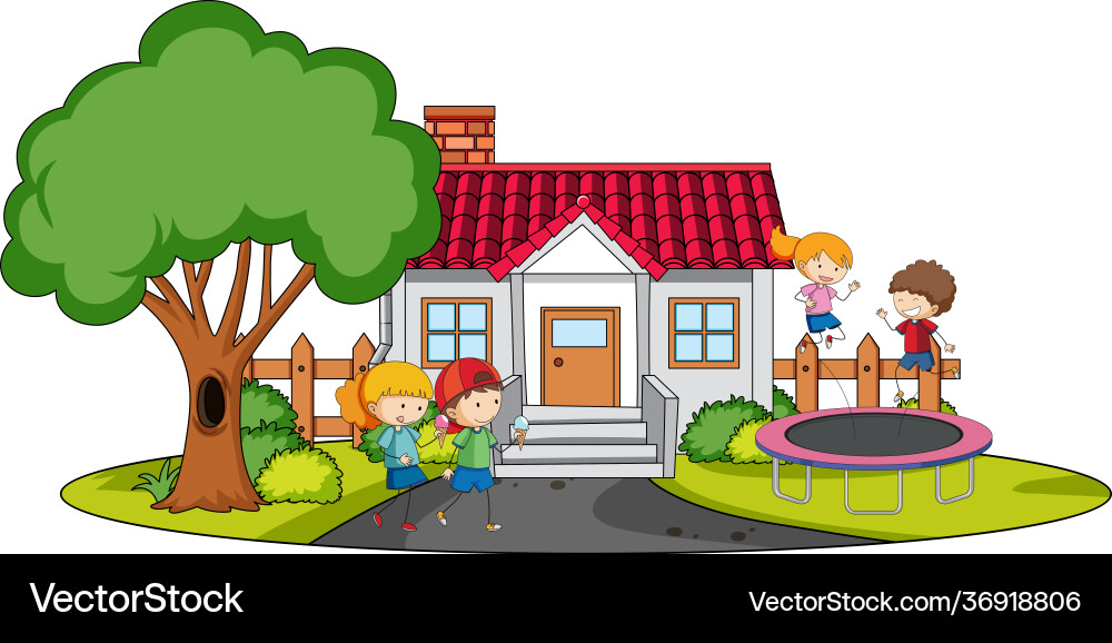 Front view mini house with many kids on white Vector Image