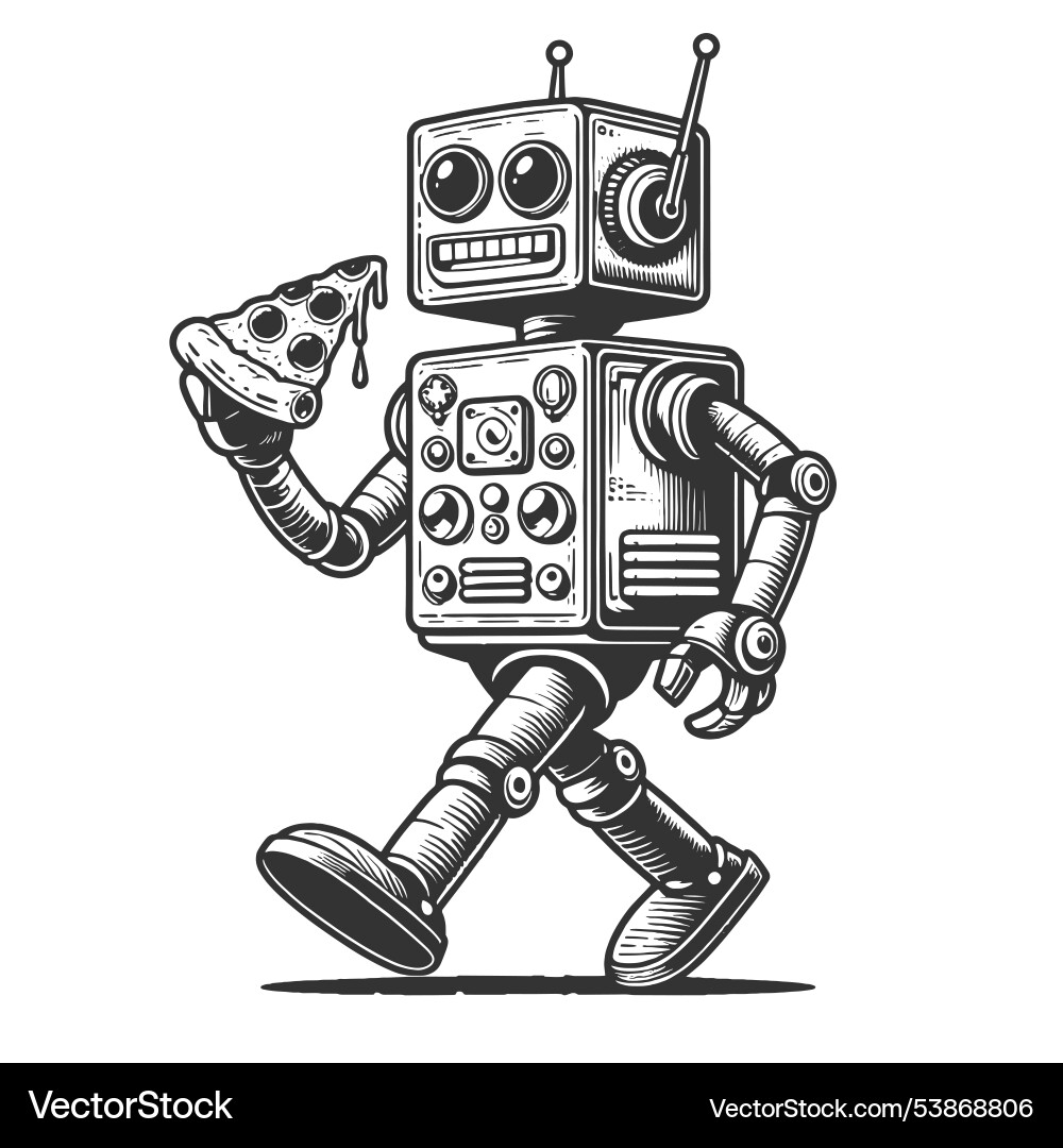 Robot walking with a slice of pizza Robot walking with a slice of pizza Vector Image