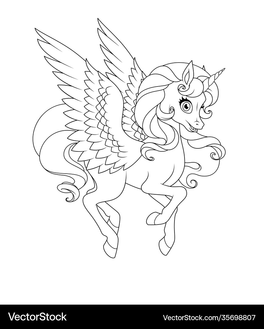 Beautiful flying winged unicorn coloring – Royalty-Free Vector | VectorStock