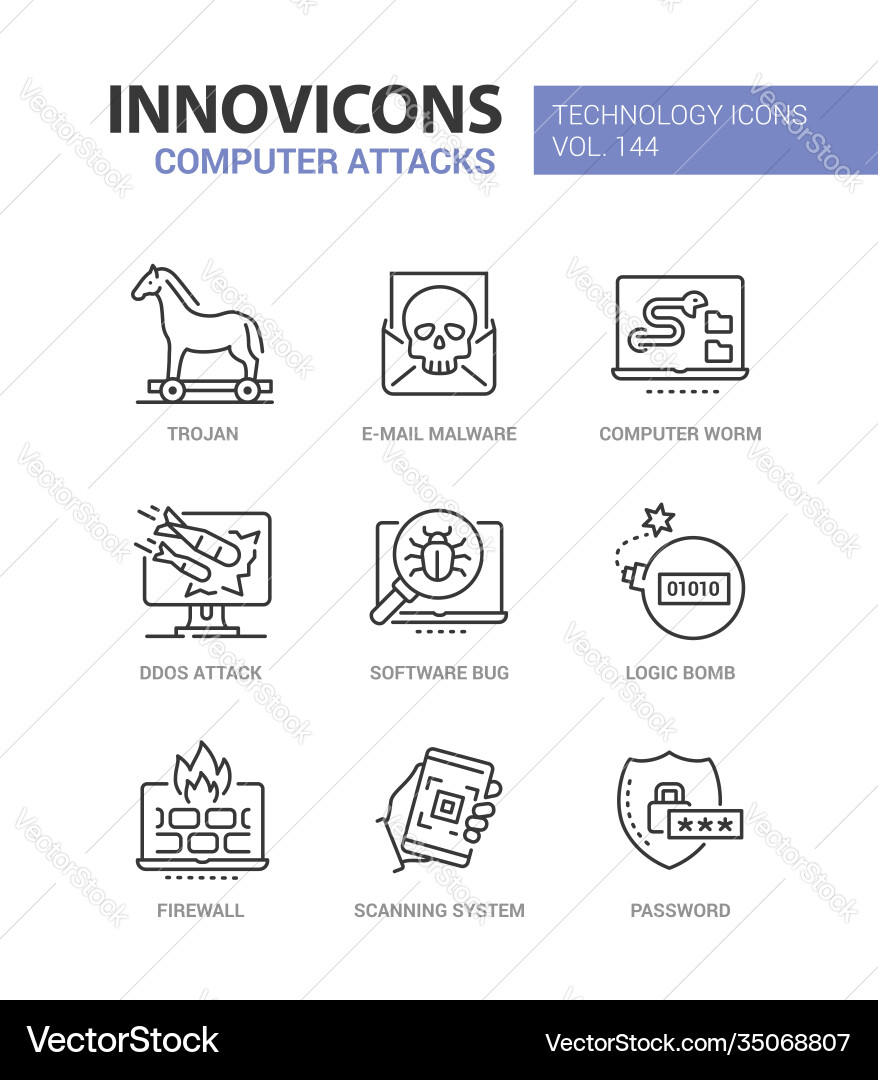 Computer attacks - colorful line design style Computer attacks - colorful line design style Vector Image