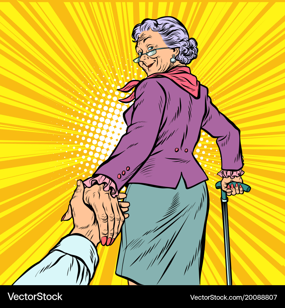 mature granny  Follow me mature woman granny leads hand Vector Image