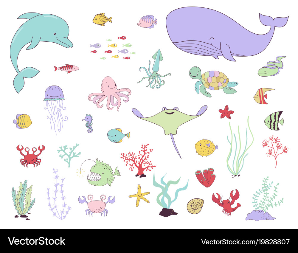 Sea animals fish and water plants Vector Image