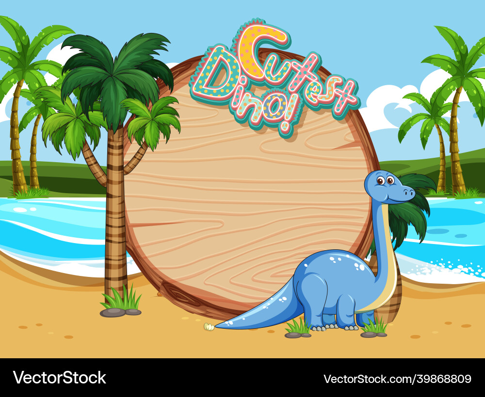 Beach scene with empty board template and cute vector image