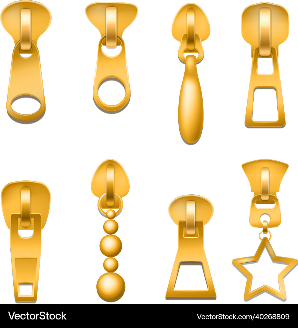 Metal zippers realistic gold lightning tailors Metal zippers realistic gold lightning tailors vector image