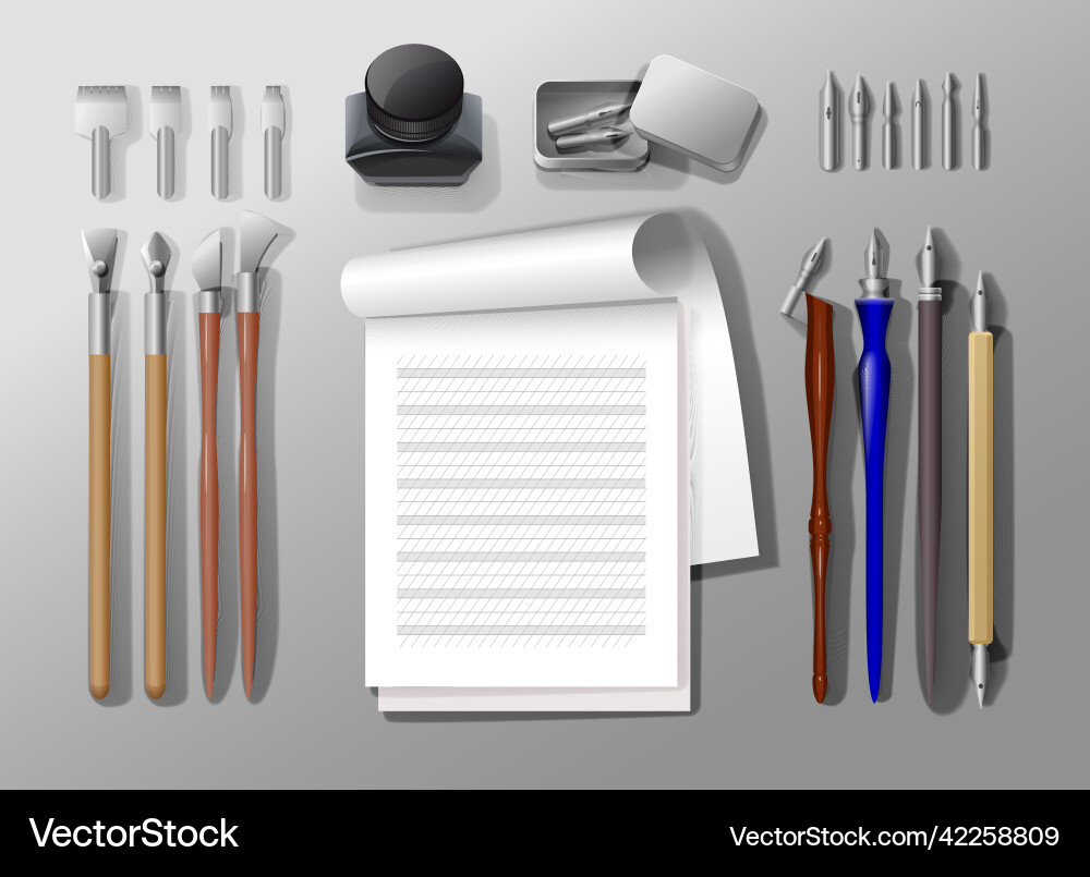 Old ink pen nib and tools set for writing vector image
