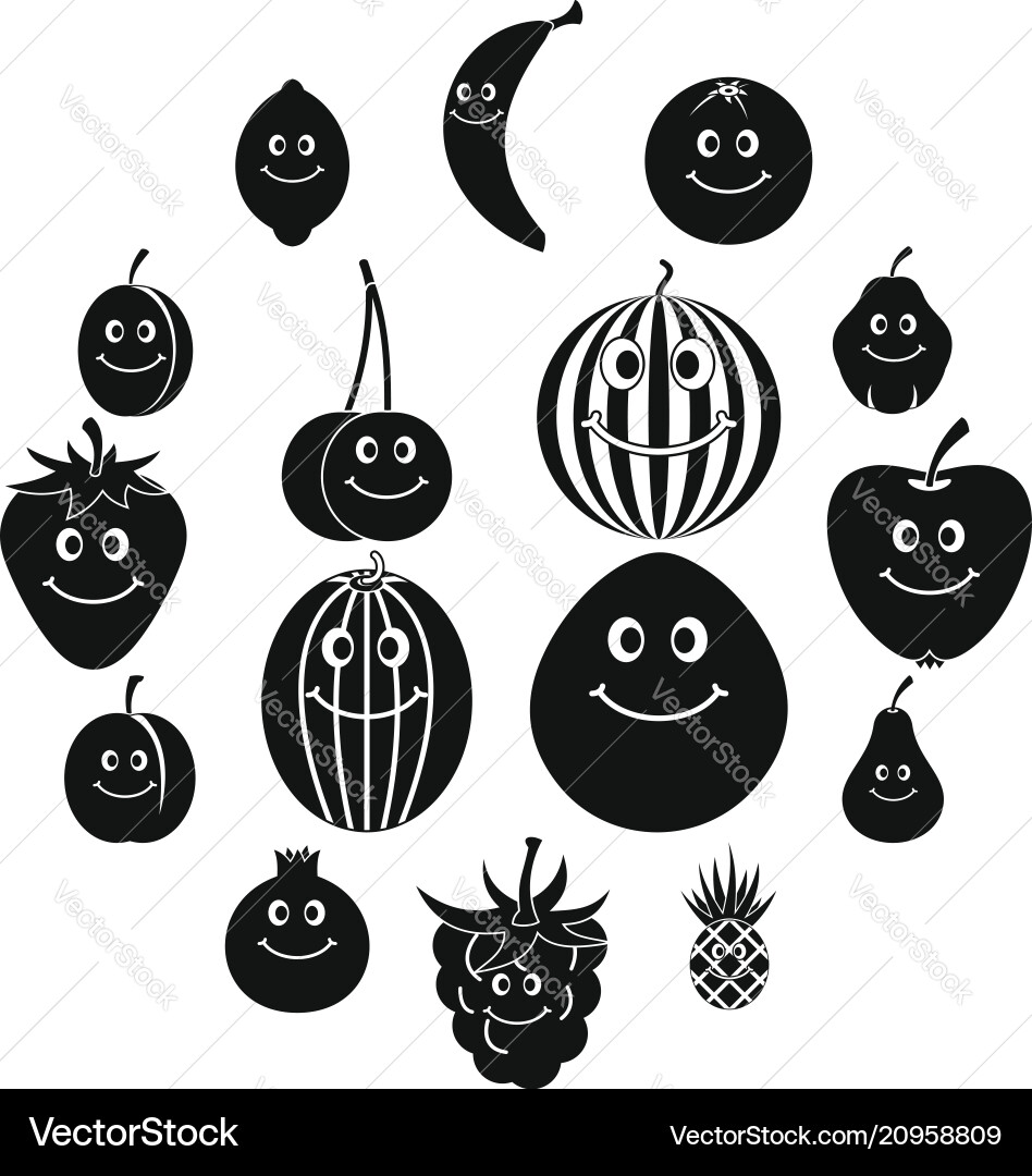 Smiling fruit icons set simple style Smiling fruit icons set simple style Vector Image