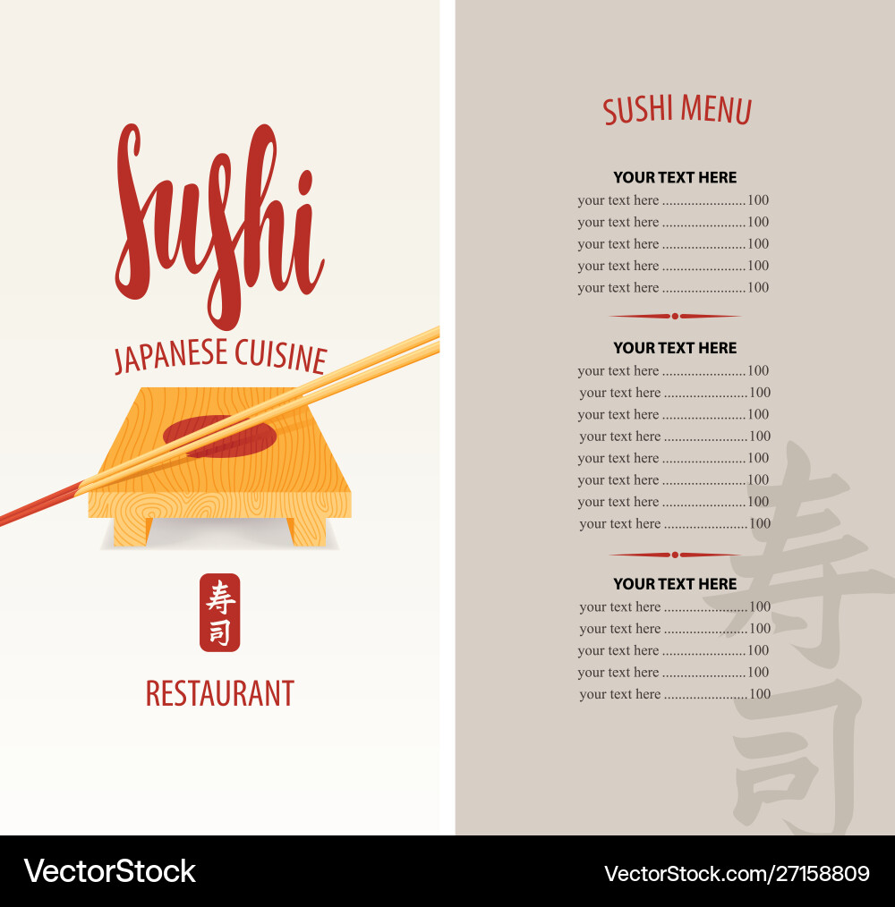 Sushi menu with tray chopsticks and price list Sushi menu with tray chopsticks and price list vector image