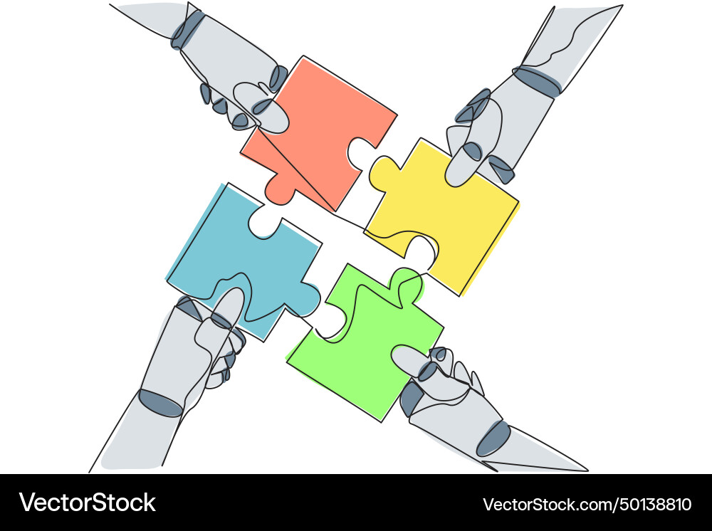 Continuous one line drawing four robot hands Continuous one line drawing four robot hands Vector Image