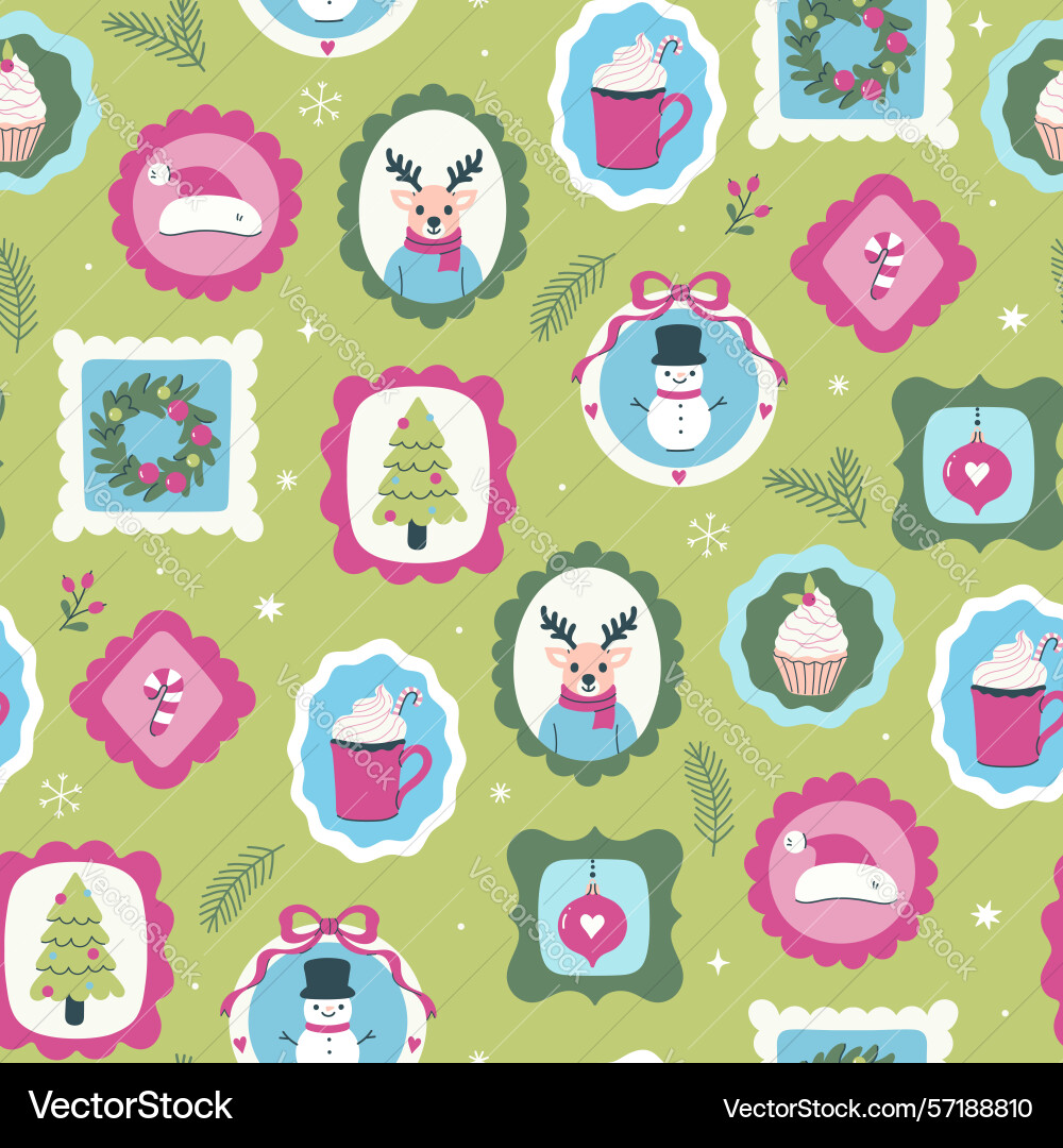 Seamless pattern with christmas items in frames Seamless pattern with christmas items in frames vector image