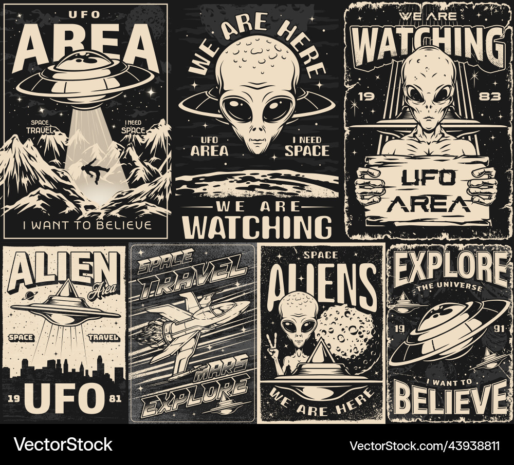 Space set vintage monochrome flyers vector image