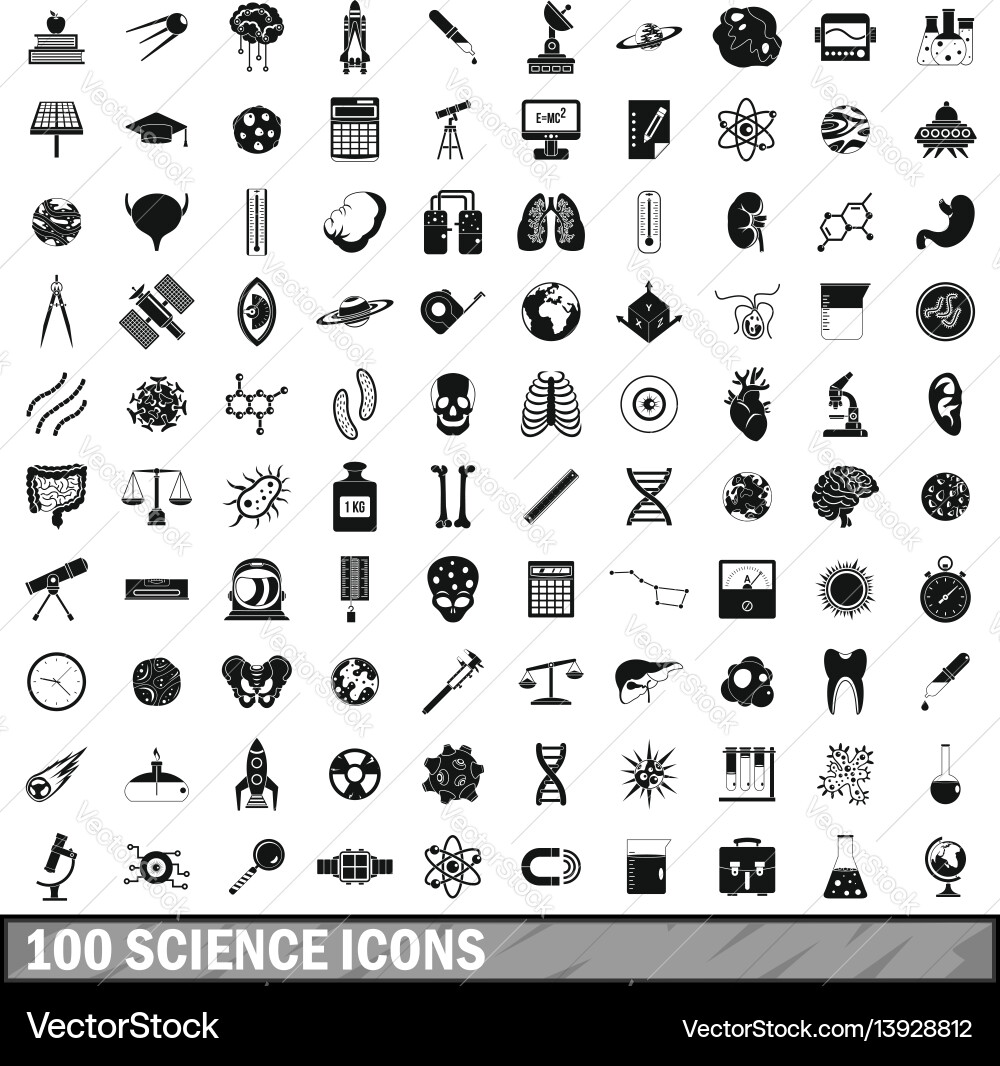 100 science icons set simple style 100 science icons set simple style vector image